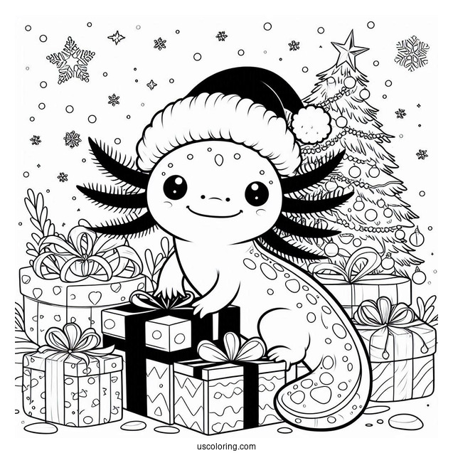 Axolotl Coloring Page Standing In The Middle Of Christmas Presents