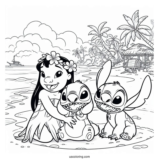 Coloring Page Of Lilo And Stitch On Beach With Jumba And Pleakley
