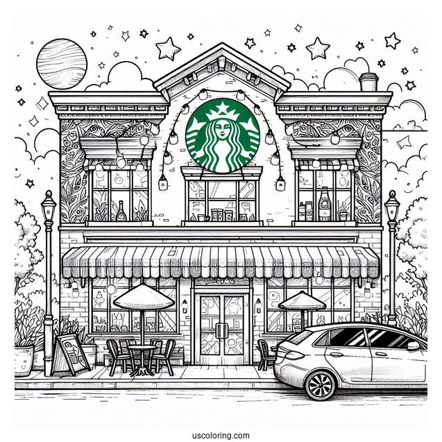 Detailed Starbucks Coloring Page Cafe Exterior