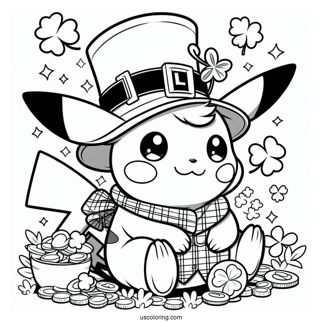 St. Patrick's Day Coloring Page Of Adorable Pikachu Dressed As A Leprechaun For Kids