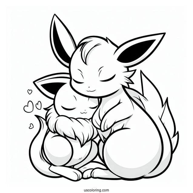 Mew Coloring Page Cuddling With Eevee