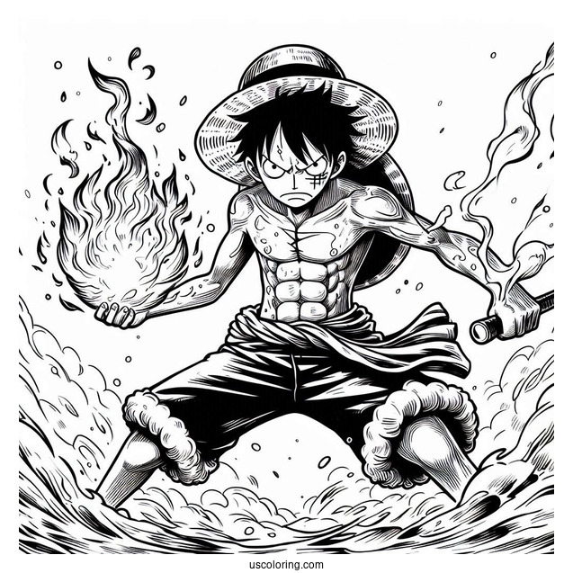 Luffy Coloring Page In Battle Mode Surrounded By Fire