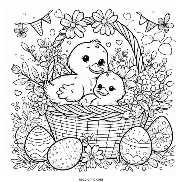 Easter Coloring Page Of Duck Inside Flower Basket With Easter Eggs