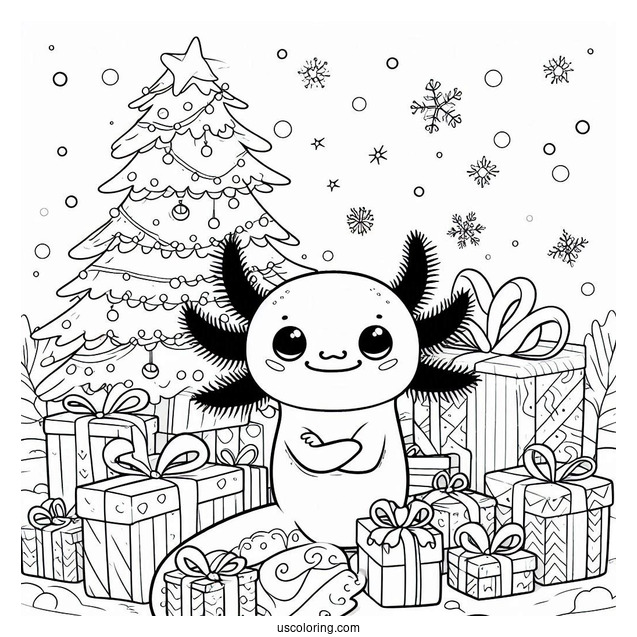 Axolotl Coloring Page Standing In The Middle Of Christmas Presents