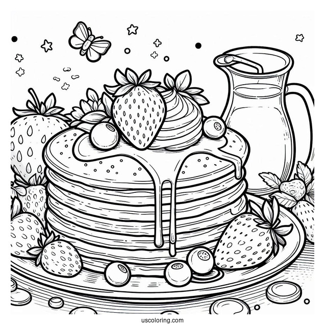 Fluffy Pancake Coloring Page With Strawberry, Blueberry, And Syrup For Kids