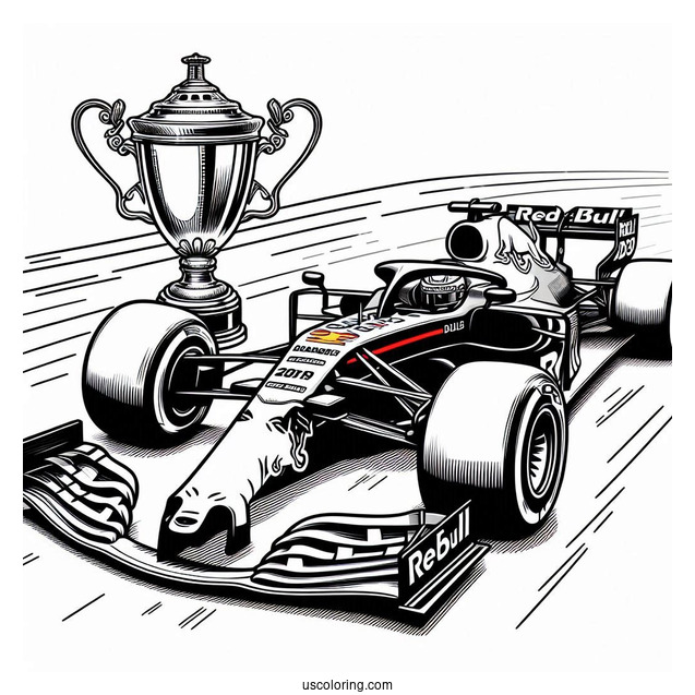 F1 Coloring Page Of Red Bull RB13 Race Car With Trophy In Background