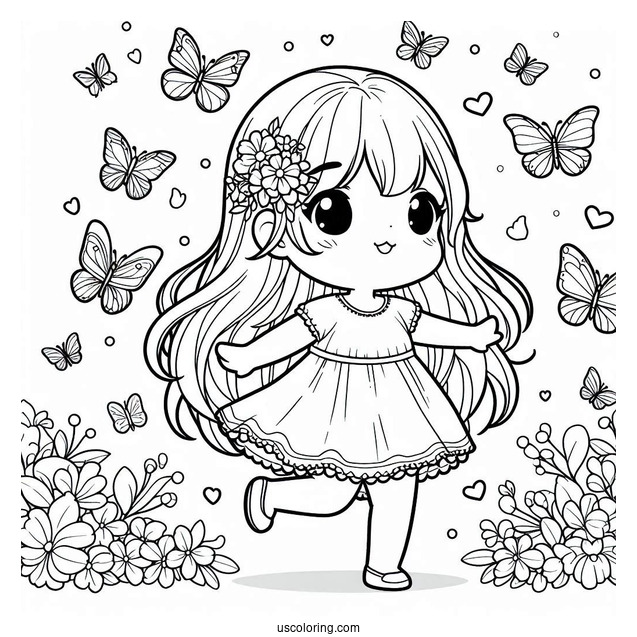 Little Girl Dancing With Butterflies To Color