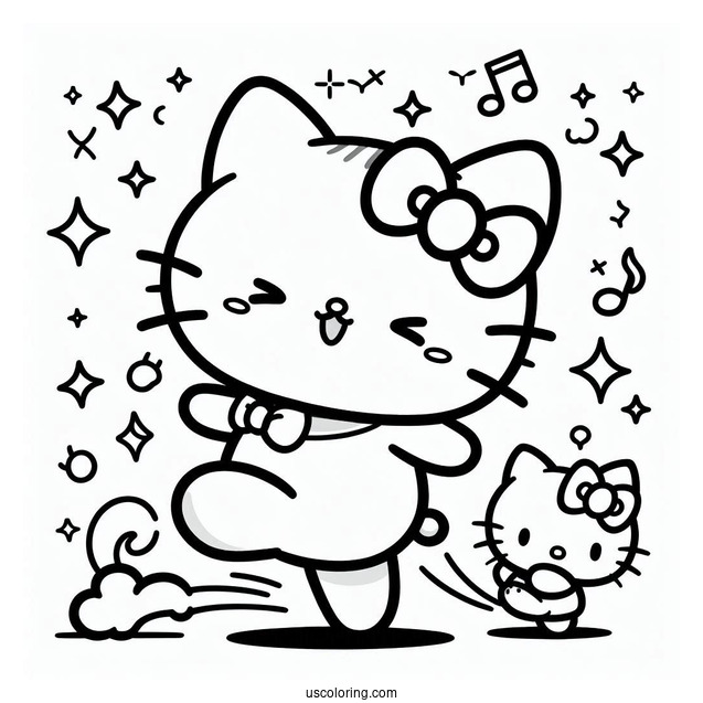 Pochacco Coloring Page Dancing With Hello Kitty