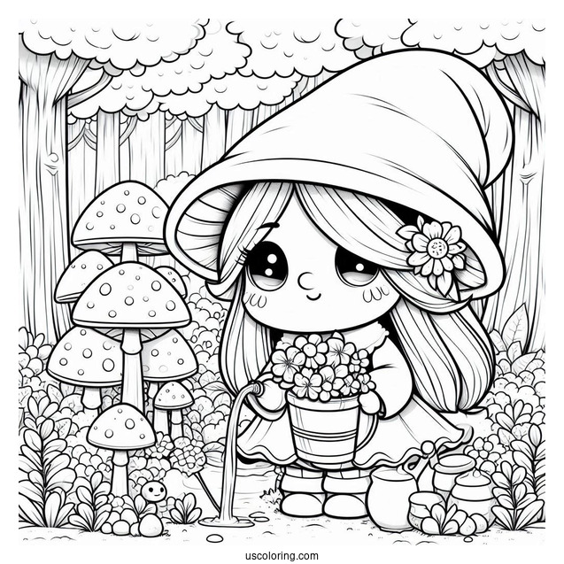 Chibi Coloring Page Gnome in a Fantasy Mushroom Forest Watering Flowers For Kids