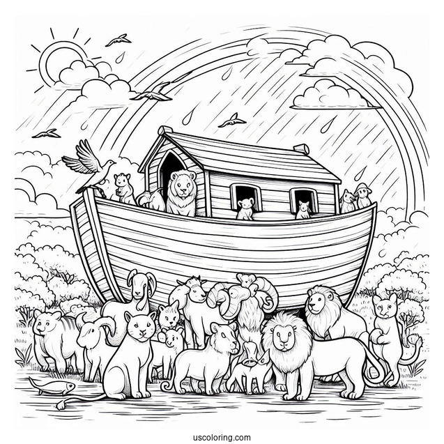 Noah's Ark Coloring Page With The Animals Outside The Ark