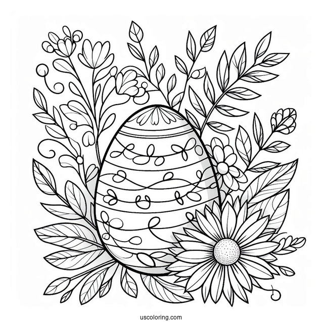 Easter Egg Coloring Page With Leafy Vines and Petals For Adults