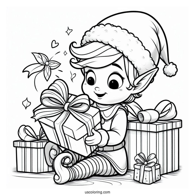 Coloring Page Of Elf Opening Present