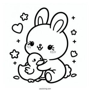 Kawaii Rabbit Hugging A Duckling Coloring Page