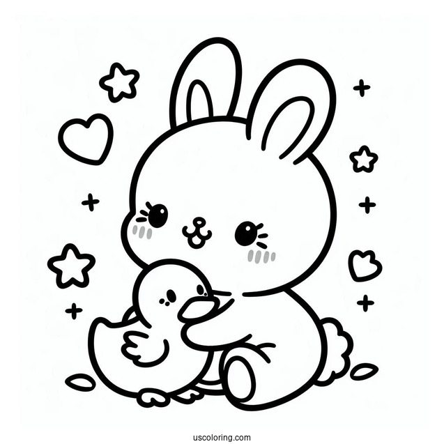 Kawaii Rabbit Hugging A Duckling Coloring Page