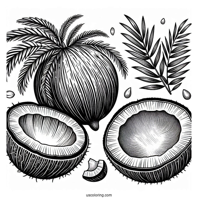 Realistic Whole And Half Coconut Coloring Page For Kids