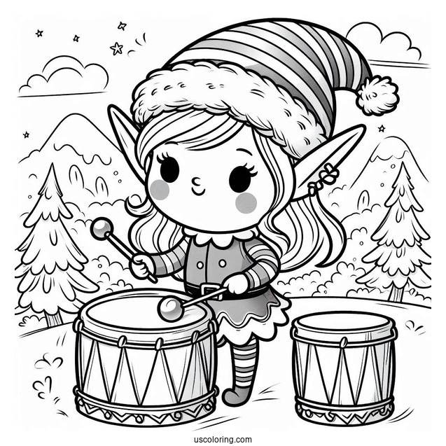 Cute Elf Playing a Drum To Color