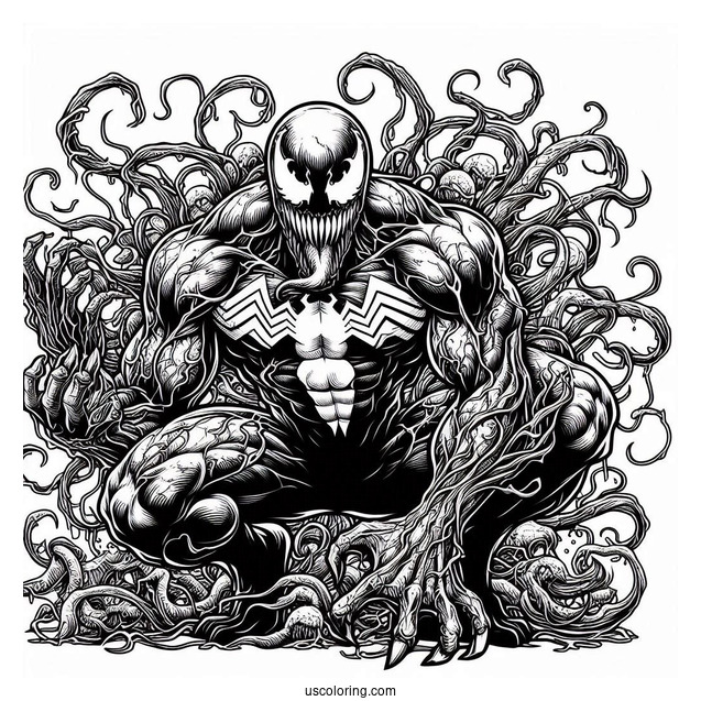 Detailed Carnage Coloring Page In Front Of Venom