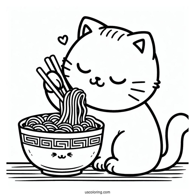 Cat Eating Ramen Coloring Page For Kids