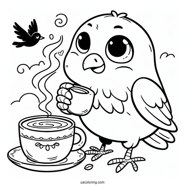 Happy Raven Coloring Page Drinking Coffee For Kids