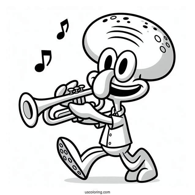 Cute Squidward Coloring Page Playing Trumpet For Kids