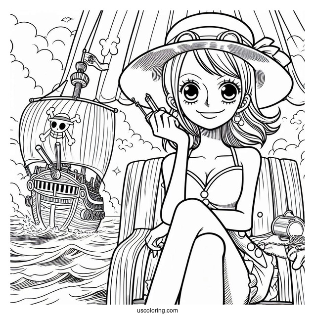 One Piece Coloring Page Of Smiling Nami On Pirate Ship
