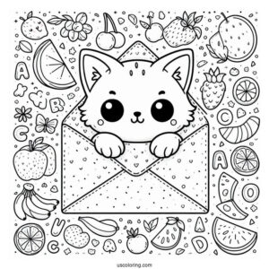 Cute Coloring Page Cat Inside An Envelope Surrounded By Fruits And Letters