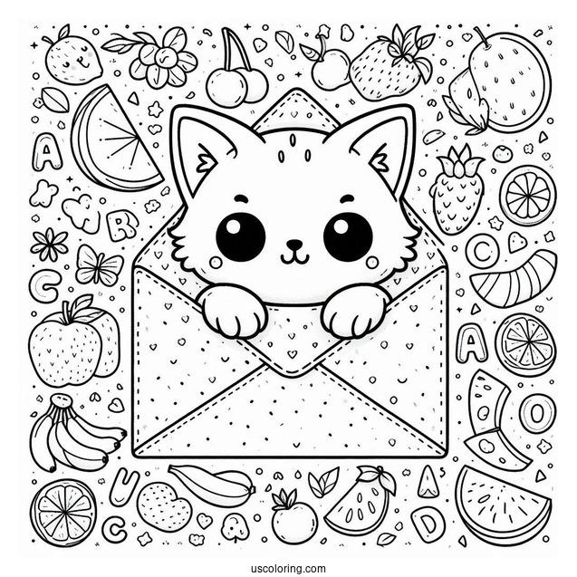 Cute Coloring Page Cat Inside An Envelope Surrounded By Fruits And Letters