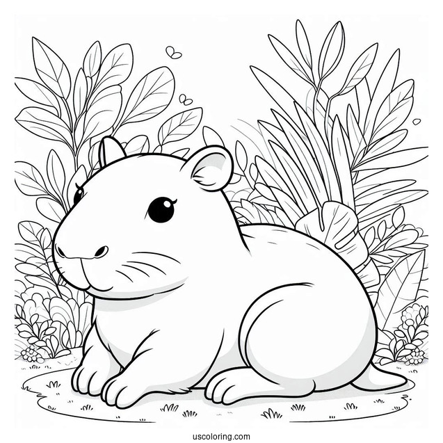 Kawaii Capybara Coloring Page Resting In Garden For Kids