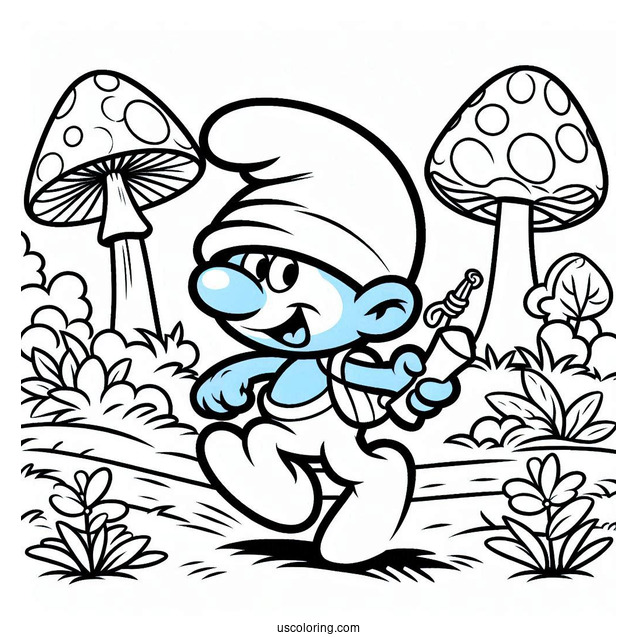 Smurf Running To Mushroom House Coloring Sheet