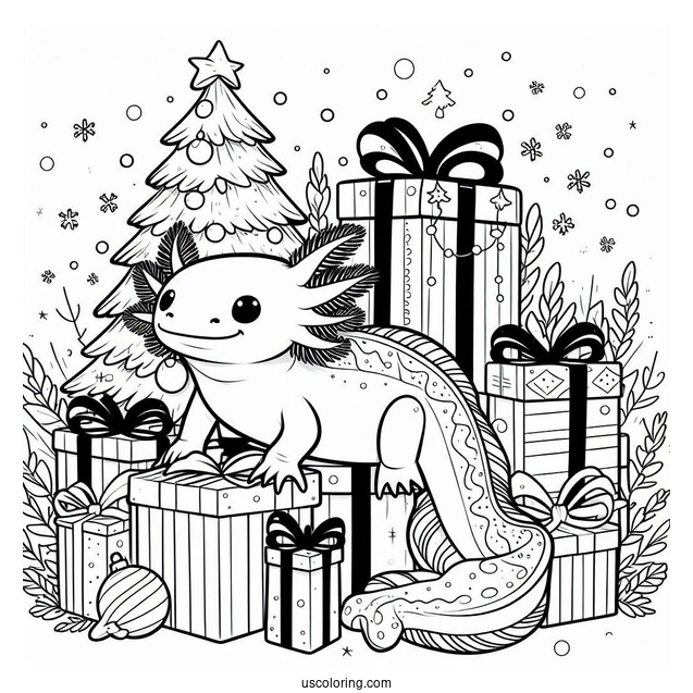 Axolotl Coloring Page Standing In The Middle Of Christmas Presents