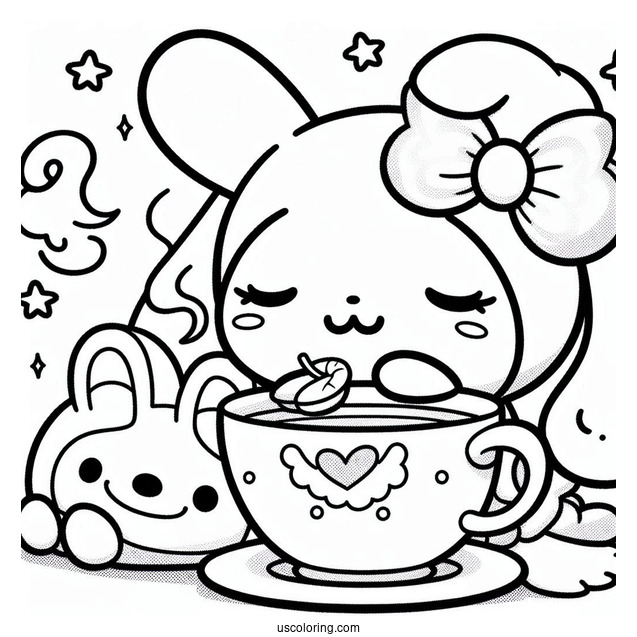 Kawaii My Melody Drinking Tea While Cinnamoroll Sleeps