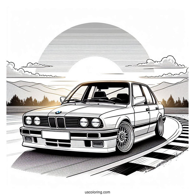 Detailed 3 Series (E30) BMW Coloring Page On Race Track At Sunset