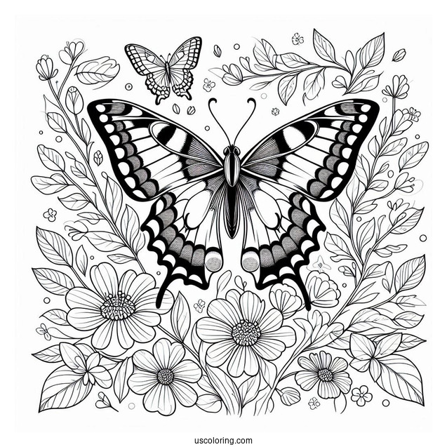 Swallowtail Butterfly Coloring Page Perched On Flowers And Leaves
