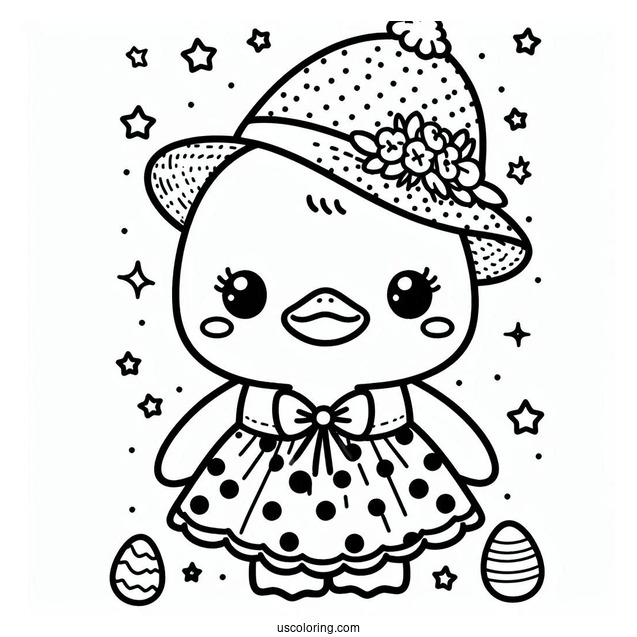 Kawaii Duck In Pola Dot Dress In Easter Coloring Page