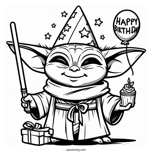 Happy Birthday Baby Yoda Coloring Page