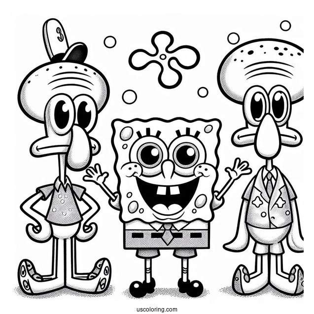 SpongeBob With Patrik, Squidward And Sandy To Color