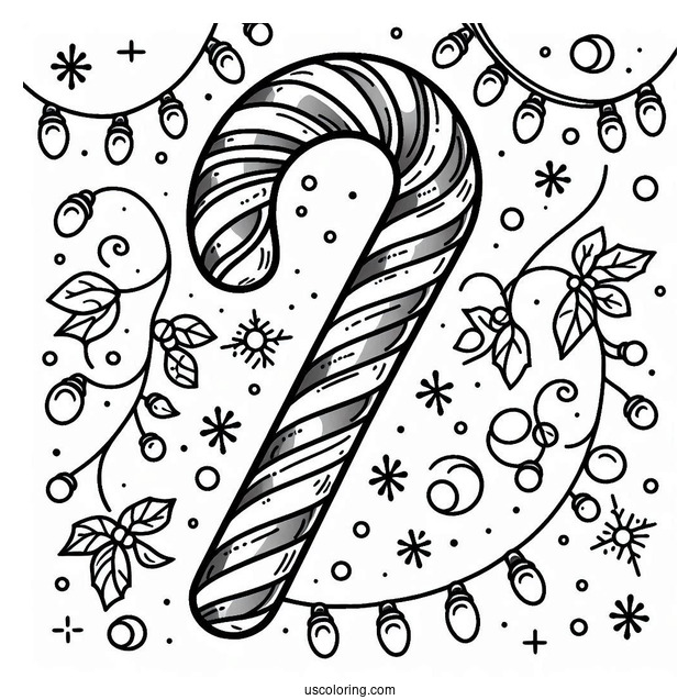 Easy Candy Cane Coloring Page Surrounded By Christmas Lights