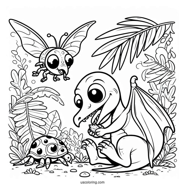 Baby Pterodactyl Coloring Page Eating Bug