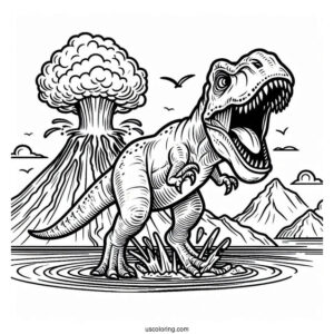 Roaring T-Rex With Volcano Erupting To Color