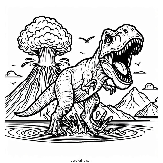 Roaring T-Rex With Volcano Erupting To Color