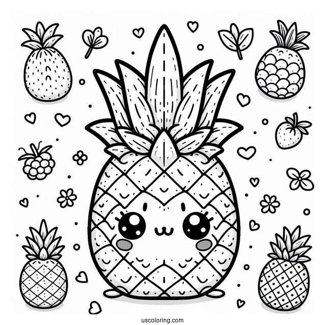 Cute Pineapple Coloring Page in a Fruit Garden For Preschoolers