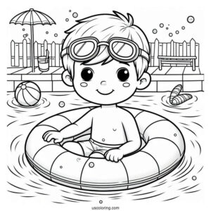 Swimming Coloring Page Of Boy Wearing Goggles And Pool Float For Preschoolers