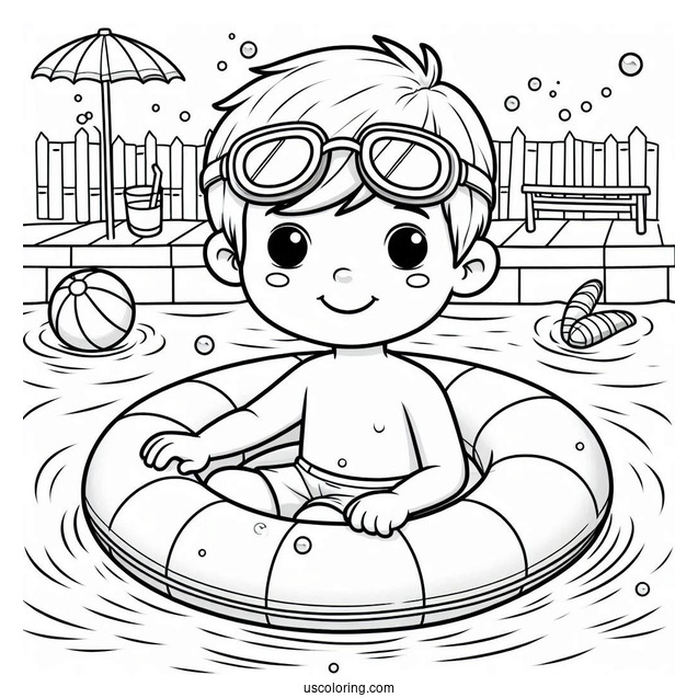 Swimming Coloring Page Of Boy Wearing Goggles And Pool Float For Preschoolers