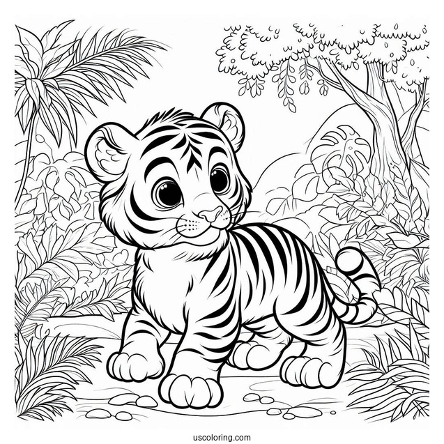 Young Tiger In The Jungle Coloring Page For Kids