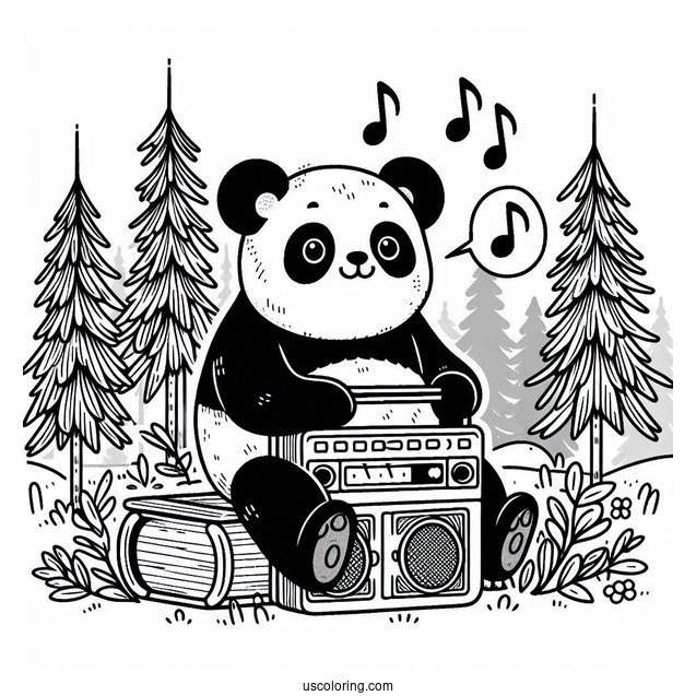 Retro Forest Panda Coloring Page Listening to Boombox