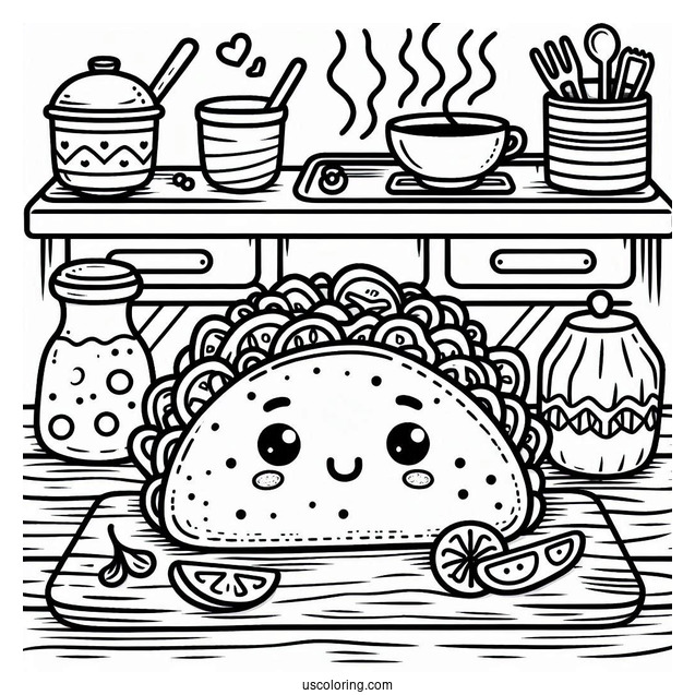 Adorable Taco On The Kitchen Coloring Sheet For Kids