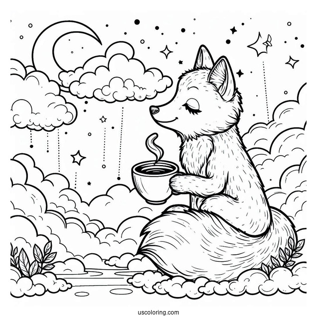 Detailed Fox Coloring Page Holding Cup In Clouds