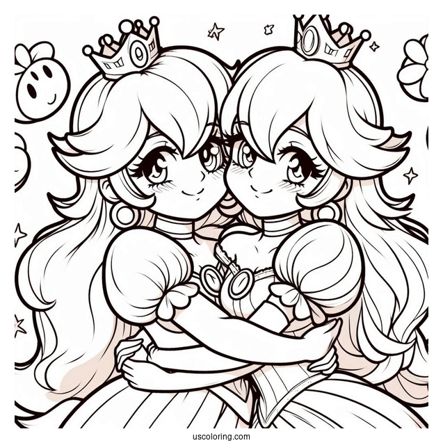 Princess Peach Hugging Princess Rosalina Coloring Page