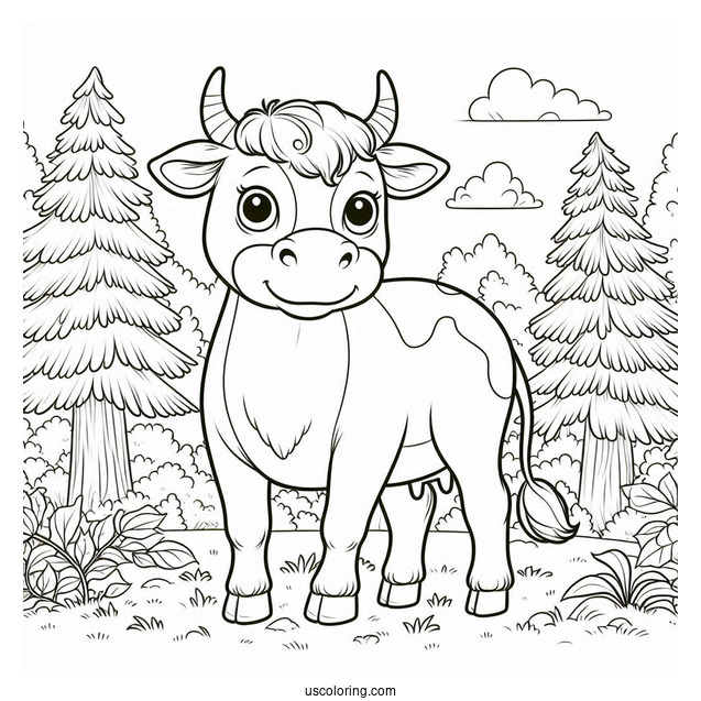 Happy Cow Standing In Forrest Coloring Sheet
