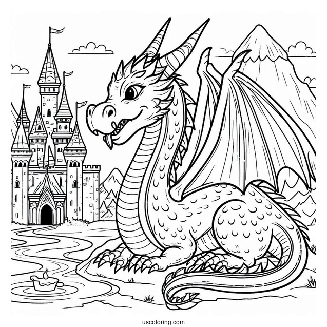 Coloring Sheet Of Dragon Next To Castle For Preschoolers
